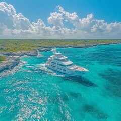 Naklejka premium A luxury yacht navigating through clear turquoise waters near a lush coastline.