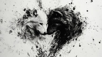 A striking depiction of dual wolves embodying the Yin and Yang theme in a captivating black and white illustration, perfect for symbolizing balance and duality in design and decor.
