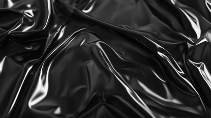 Fototapeta premium A textured surface of black glossy fabric with crumpled folds and reflective highlights, creating a modern and luxurious abstract background
