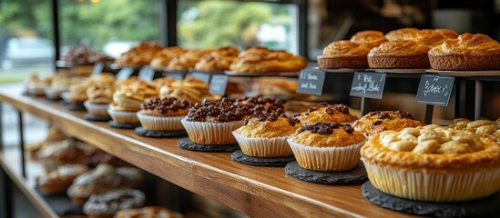 Delicious pastries and pies displayed on wooden shelves in a bakery.