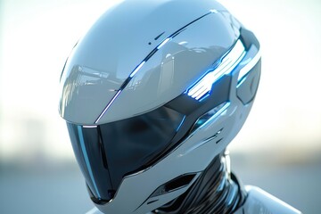 Fototapeta premium Futuristic white helmet with glowing blue accents, sleek and modern design.