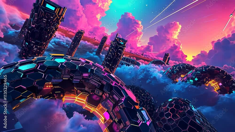 Poster vibrant sci-fi scene with synthwave styled towers in breathtaking perspective. futuristic cyberpunk 