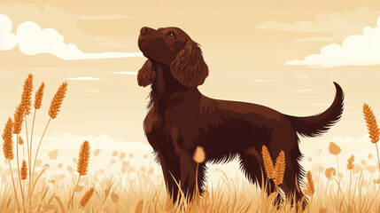 Boykin Spaniel in Golden Wheat Field Illustration