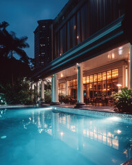 Luxury Hotel Exterior with Pool in Jakarta at Night