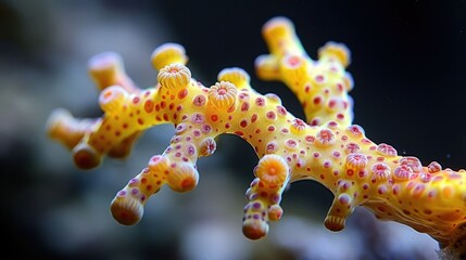 Close up of yellow branching coral with red spots.