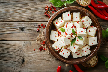 Tasty dish of white cheese cubes topped with red chili flakes and herbs