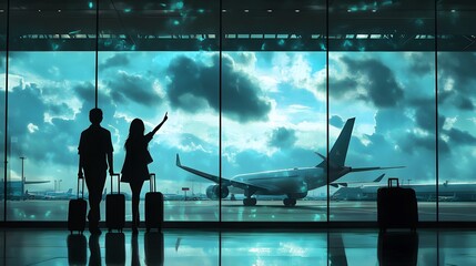 Couple Bids Farewell at Airport Viewing Airplane Departure