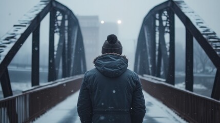 Back of cinematic young man in winter coat walking outside in urban city on bridge on a moody, foggy, winters night.