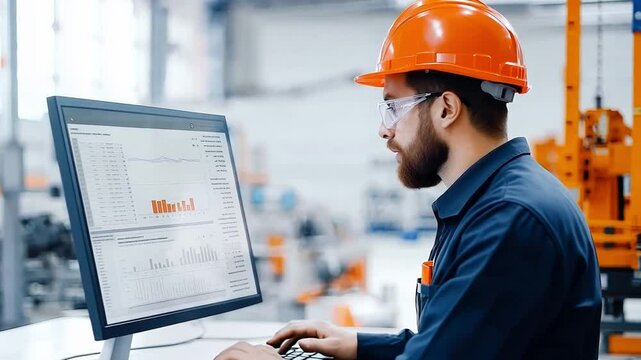 A professional engineer man in safety gear examines detailed analytics on a monitor in a high tech workspace, showcasing dedication to quality work
