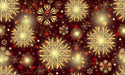 Fototapeta premium Vector Christmas hand drawn seamless pattern with doodle golden gradient snowflakes and stars and bokeh on dark red
