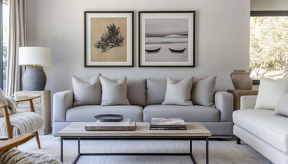 Modern Living Room Interior Design with Coastal Art Prints