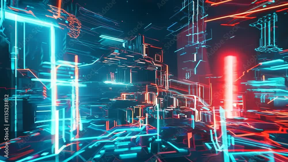 Poster Computer technology abstraction with connected hardware or data servers in neon lights of wires