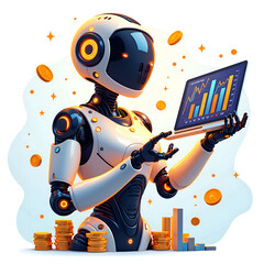 Futuristic robot analyzing financial data with cryptocurrency background, digital art of cybernetics concept.