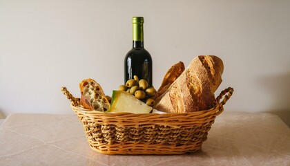 바구니 안에 다양한 종류의 빵, 치즈, 올리브와 함께 놓인 작은 와인 병