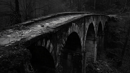 Fototapeta premium A crumbling bridge over a dark ravine, where the wind howls and the faint sound of distant footsteps can be heard on the other side.