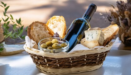 바구니 안에 다양한 종류의 빵, 치즈, 올리브와 함께 놓인 작은 와인 병
