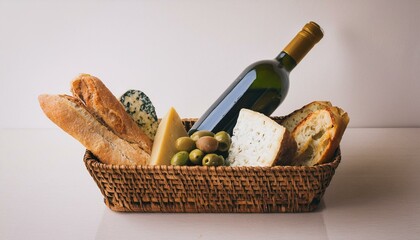 바구니 안에 다양한 종류의 빵, 치즈, 올리브와 함께 놓인 작은 와인 병
