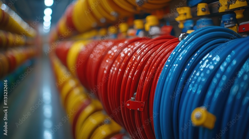 Poster a colorful display of coiled hoses in a storage area, showcasing organization and variety.