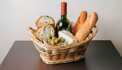 바구니 안에 다양한 종류의 빵, 치즈, 올리브와 함께 놓인 작은 와인 병