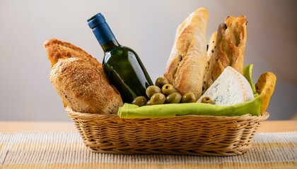 바구니 안에 다양한 종류의 빵, 치즈, 올리브와 함께 놓인 작은 와인 병