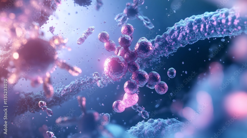 Poster a digital close-up of molecular structures with glowing spheres on a dark background. ideal for them