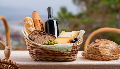 바구니 안에 다양한 종류의 빵, 치즈, 올리브와 함께 놓인 작은 와인 병