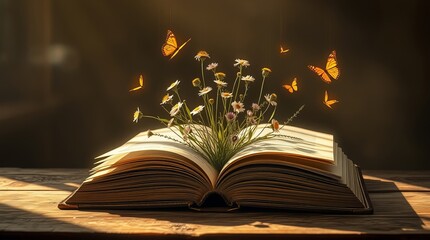 Open book with flowers and butterflies, a magical scene bathed in warm sunlight.
