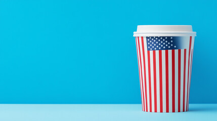 American flag paper coffee cup in a blue background, symbolizing patriotism and everyday lifestyle in the USA.