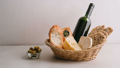 바구니 안에 다양한 종류의 빵, 치즈, 올리브와 함께 놓인 작은 와인 병