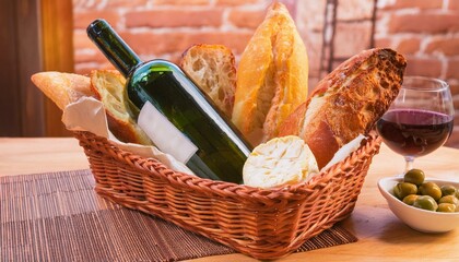 바구니 안에 다양한 종류의 빵, 치즈, 올리브와 함께 놓인 작은 와인 병