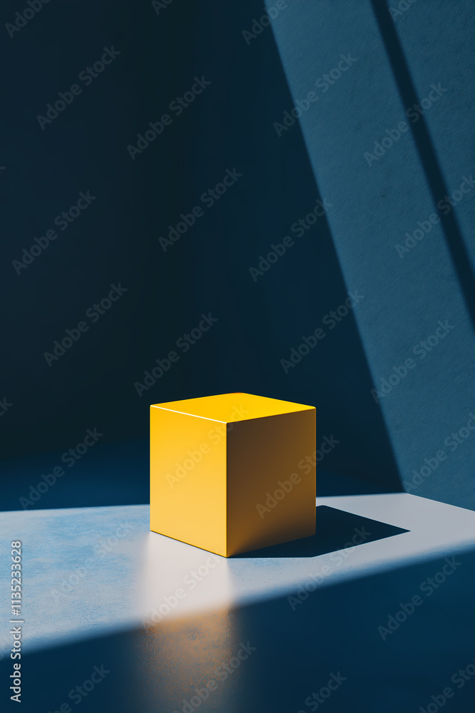 Poster ellow cube rests on blue surface, sharp shadow adds depth, minimalism in form brings visual balance,