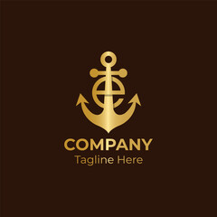 Initial letter E with anchor gold color logo. Creative logo design.