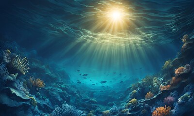 Fototapeta premium Underwater Sea - Deep Water Abyss With Blue Sun light