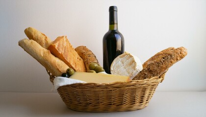 바구니 안에 다양한 종류의 빵, 치즈, 올리브와 함께 놓인 작은 와인 병