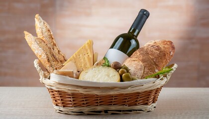 바구니 안에 다양한 종류의 빵, 치즈, 올리브와 함께 놓인 작은 와인 병