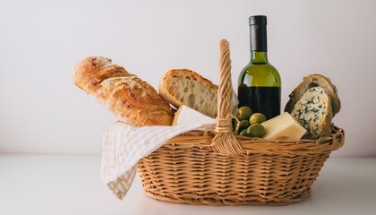 바구니 안에 다양한 종류의 빵, 치즈, 올리브와 함께 놓인 작은 와인 병