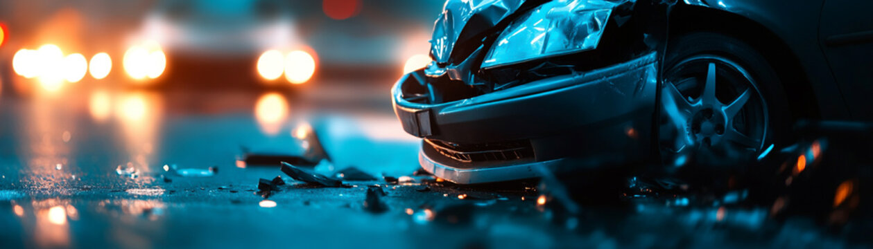 Close-up of a car accident scene at night with blurred traffic lights in the background on a wet road.