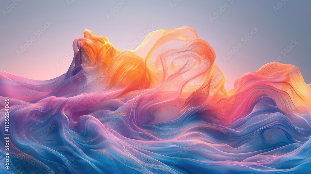 Poster abstract waves of colorful fabric-like textures creating a serene landscape.