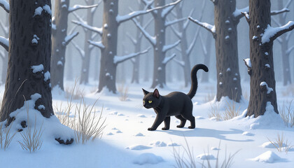 Black cat walking in snowy winter forest
