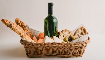 바구니 안에 다양한 종류의 빵, 치즈, 올리브와 함께 놓인 작은 와인 병