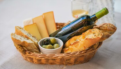 바구니 안에 다양한 종류의 빵, 치즈, 올리브와 함께 놓인 작은 와인 병