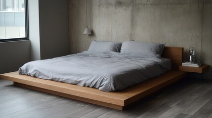 Minimalist bedroom with platform bed, grey linens, and concrete wall.