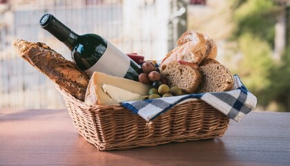 바구니 안에 다양한 종류의 빵, 치즈, 올리브와 함께 놓인 작은 와인 병