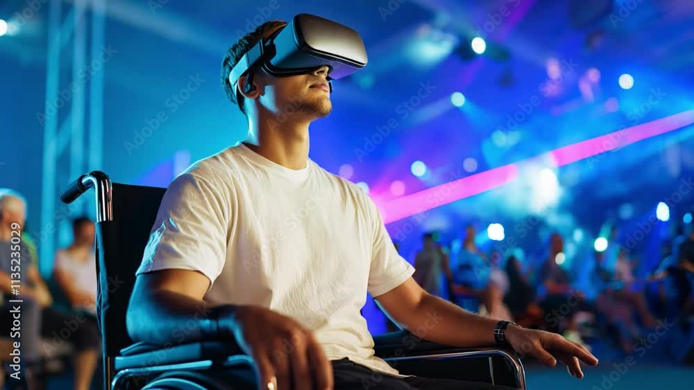 Poster participant enjoys an immersive virtual reality simulation while seated in a wheelchair during a liv