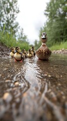 Obraz premium A mother duck leads her ducklings along a shallow stream in a natural setting.