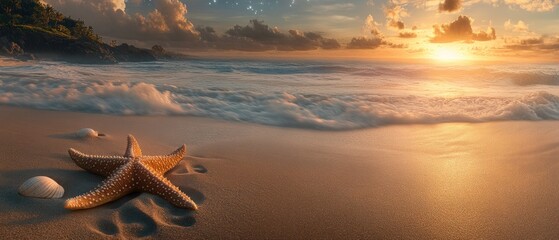 Fototapeta na wymiar Starfish on sandy beach at sunset.