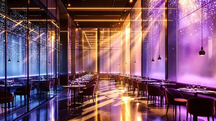 Elegant Restaurant with Evening Ambiance, City View and Modern Design