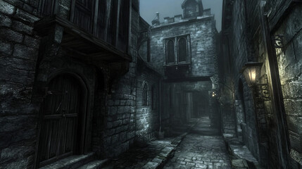 Fototapeta premium A dark alley in a forgotten city, where the echoes of past tragedies haunt the empty streets.