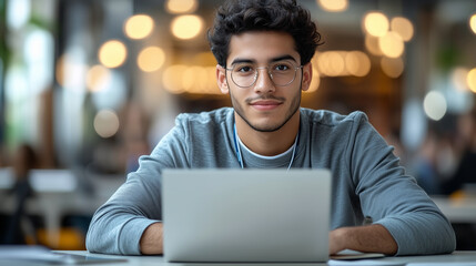 Fototapeta premium Young busy latin business man employee worker looking at laptop computer watching online webinar or having virtual hybrid meeting writing notes, doing market research working in office. Copy space.