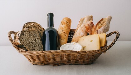 바구니 안에 다양한 종류의 빵, 치즈, 올리브와 함께 놓인 작은 와인 병
